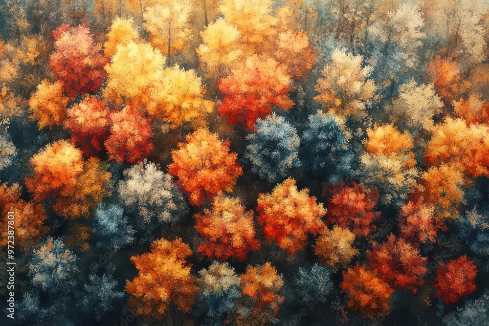 Aerial perspective of an enchanting forest full of vivid autumn foliage Aerial perspective of an enchanting forest full of vivid autumn foliage