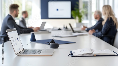 A high-end business meeting with professionals sitting at a long table, laptops and notebooks open, while discussing a presentation on the screen. The image features deep depth of field and space for