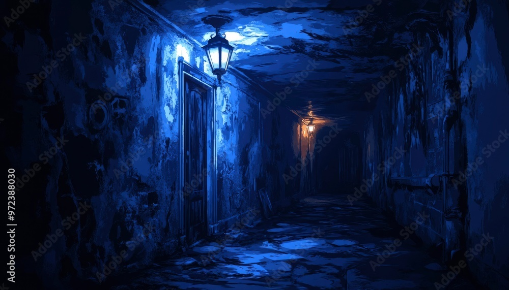 Fototapeta premium A Dark and Eerie Hallway Lit by Two Lanterns