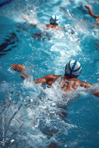 Male athlete swimmers doing a training exercise for a swimming sports race event by practising their competitive sport technique, sporting action stock illustration image