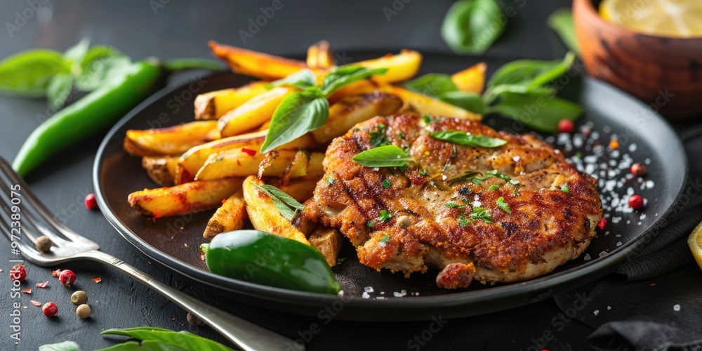 Breaded veal cutlet accompanied by crunchy fries and fresh green peppers, presented as a mouthwatering dinner dish. Breaded veal cutlet accompanied by crunchy fries and fresh green peppers, presented as a mouthwatering dinner dish.