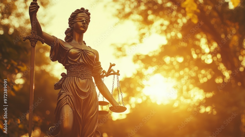 A bronze statue of Lady Justice, holding a sword and scales, stands against a backdrop of a golden sunset. A bronze statue of Lady Justice, holding a sword and scales, stands against a backdrop of a golden sunset.