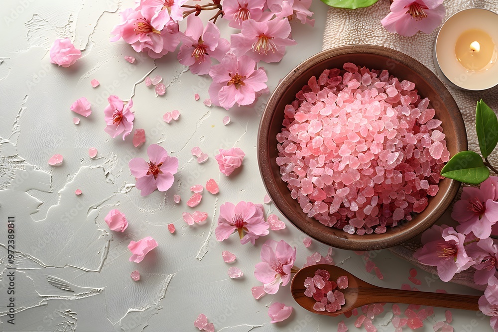 Spa Relaxation: Pink Sea Salt and Blossoms for Aromatherapy, Perfect for Wellness and Beauty Treatments Spa Relaxation: Pink Sea Salt and Blossoms for Aromatherapy, Perfect for Wellness and Beauty Treatments