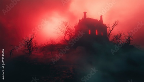 A Haunted House Silhouetted Against a Red Sky in a Foggy Landscape