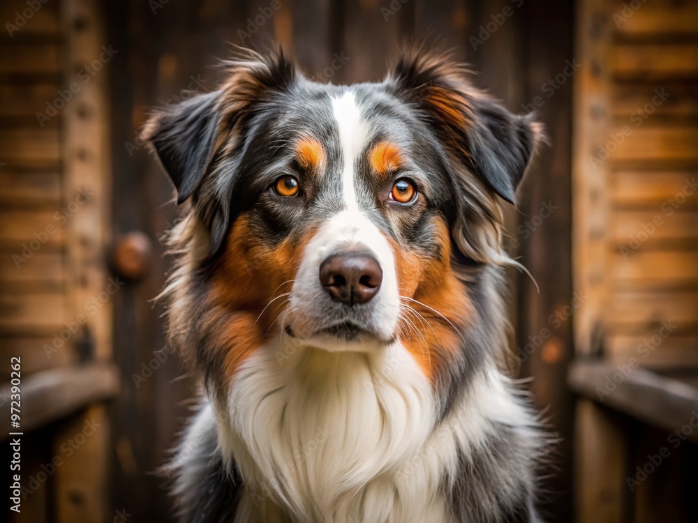 A loyal and agile Australian Shepherd dog with a distinctive black and white coat stands alert, gazing intently A loyal and agile Australian Shepherd dog with a distinctive black and white coat stands alert, gazing intently