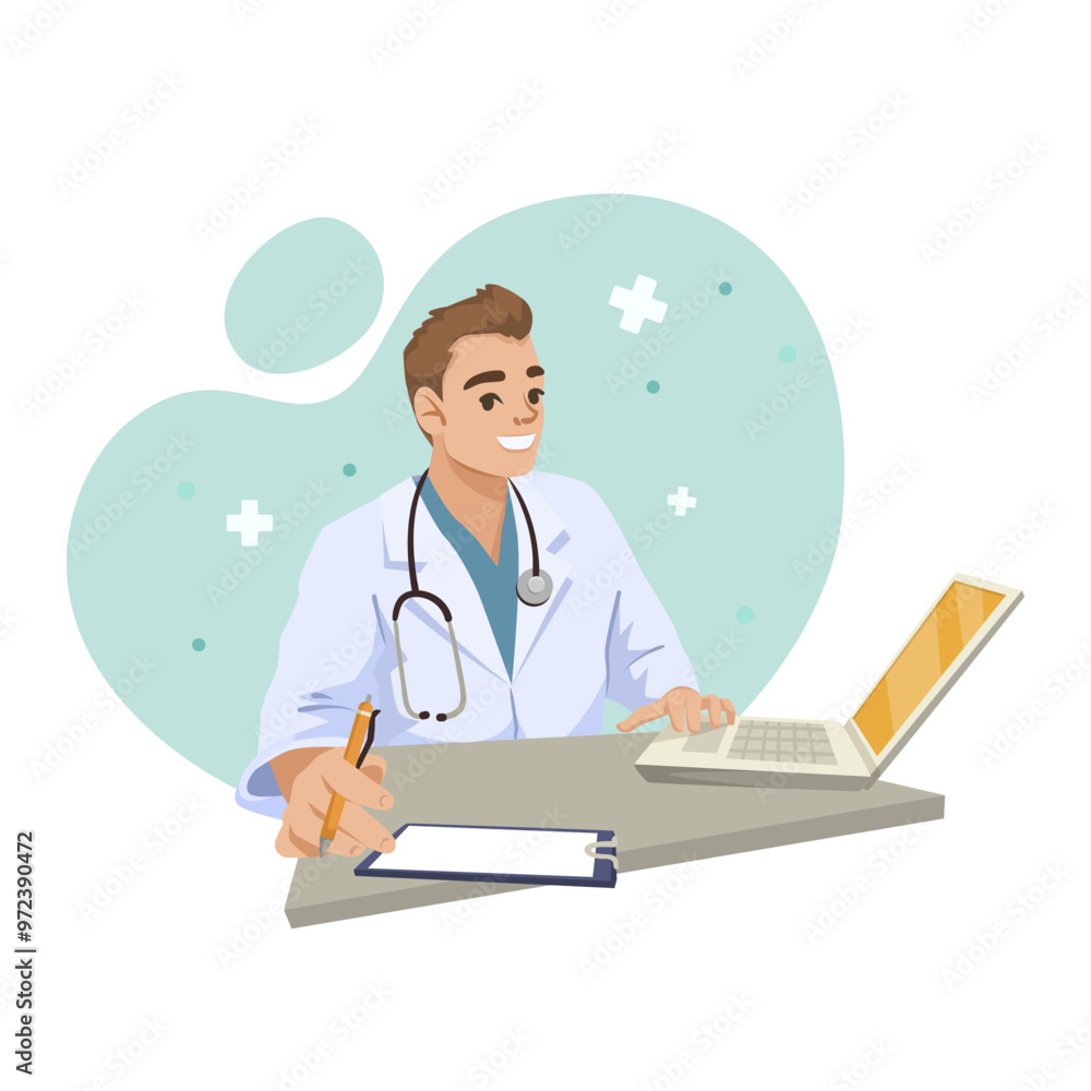 Doctor working on a laptop while writing notes, in a cartoon style on a white and teal background. Concept of medical work. Vector illustration Doctor working on a laptop while writing notes, in a cartoon style on a white and teal background. Concept of medical work. Vector illustration