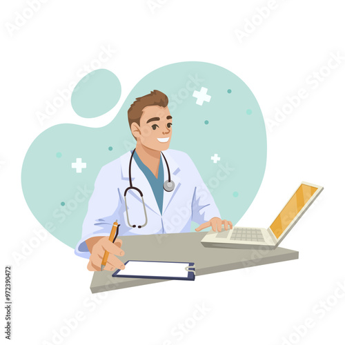 Doctor working on a laptop while writing notes, in a cartoon style on a white and teal background. Concept of medical work. Vector illustration