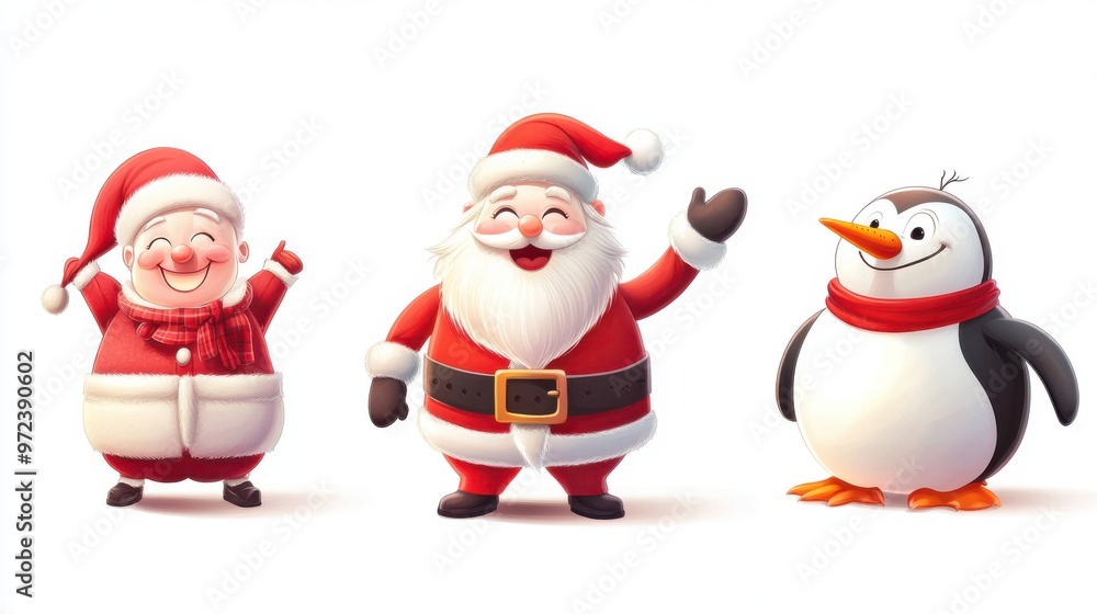 Festive vector collection of Santa Claus, snowman, and penguin characters in Festive vector collection of Santa Claus, snowman, and penguin characters in