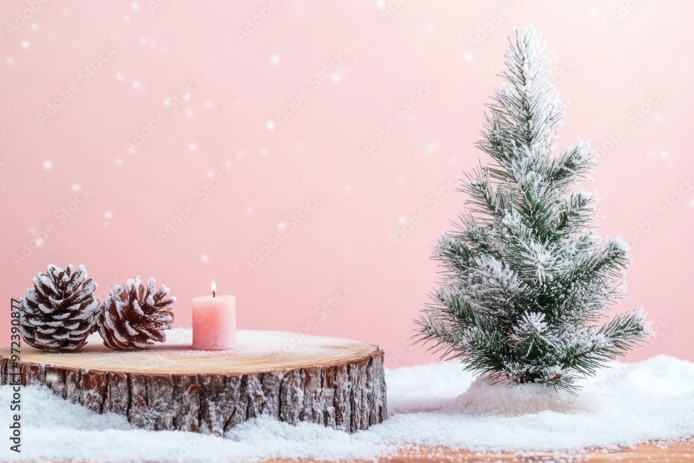 Wooden podium or stand with minimal cristmas tree and candle in snow on pastel pink background