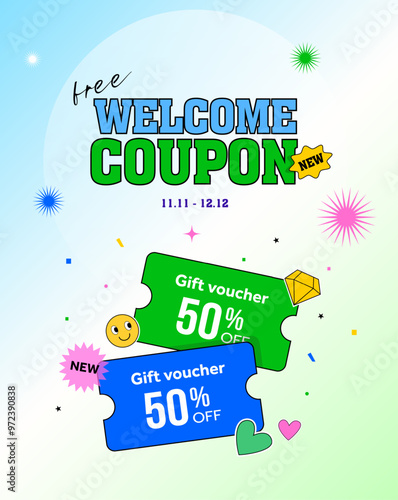 Couple of cute welcome coupons in cartoon style, isolated on gradient background with decoration. Gift voucher banner template with coupon code, percentage off. Vector illustration. Vector