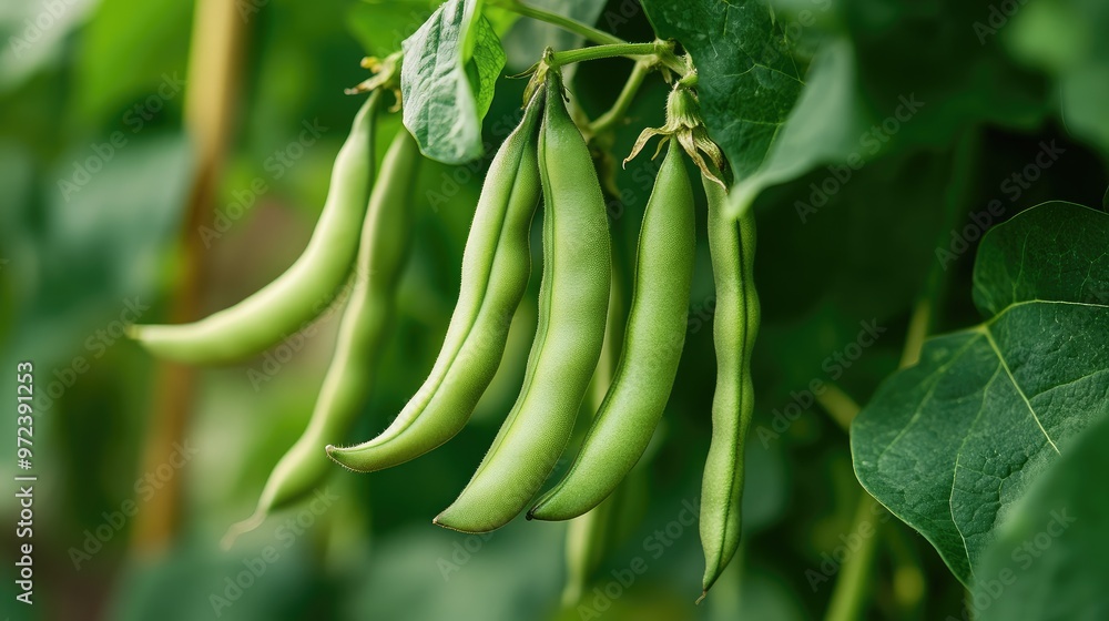 Obraz premium Close-up of a cluster of green beans hanging from their vine, vibrant and healthy, against a backdrop of lush leaves, no logos