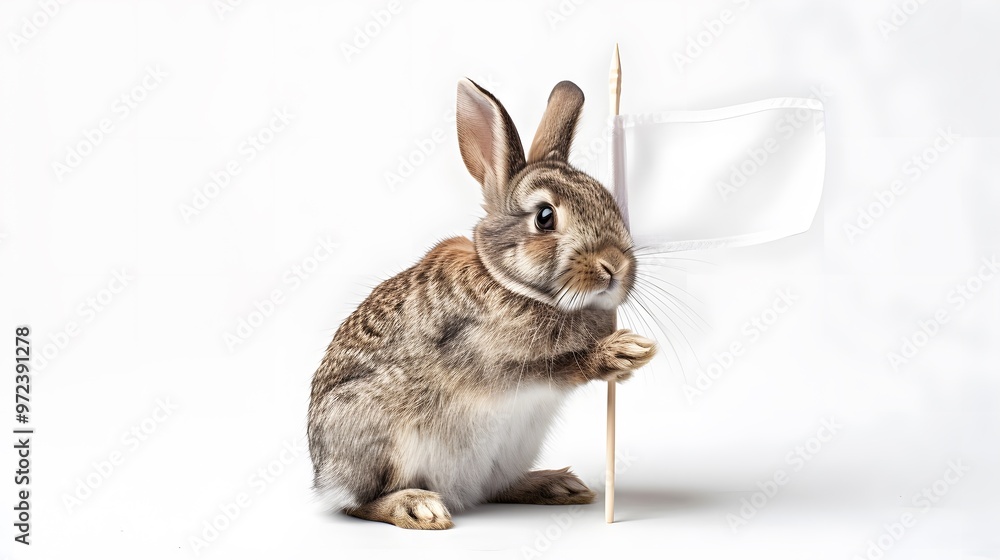 Rabbit with White Flag: A cute rabbit sitting upright, holding a white flag between its paws.
Rabbit with White Flag: A cute rabbit sitting upright, holding a white flag between its paws.