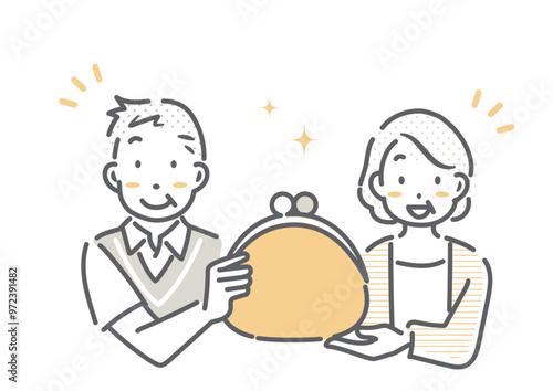 お金のことを考えるシニア夫婦　シンプルでお洒落な線画イラスト