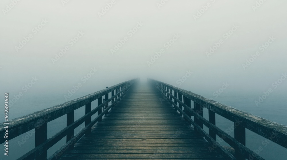 Fototapeta premium A foggy pier stretching into the distance, with muted colors and a serene, contemplative atmosphere