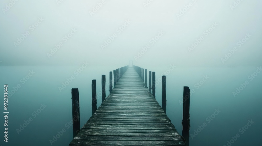A foggy pier stretching into the distance, with muted colors and a serene, contemplative atmosphere A foggy pier stretching into the distance, with muted colors and a serene, contemplative atmosphere