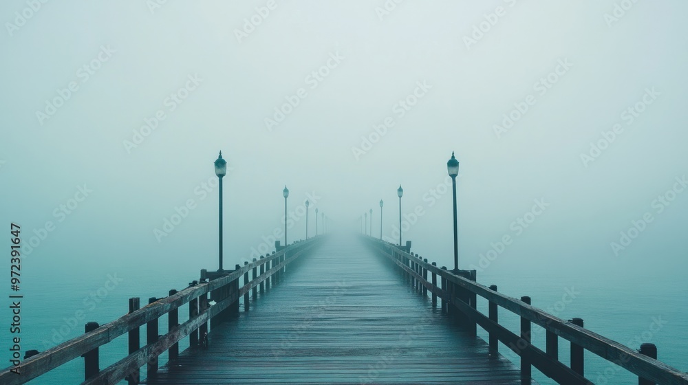 Fototapeta premium A foggy pier stretching into the distance, with muted colors and a serene, contemplative atmosphere