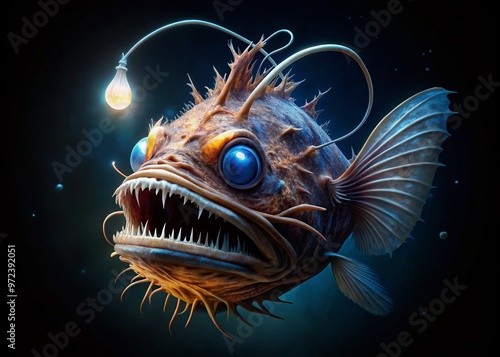 A majestic, bioluminescent large angler fish with a fleshy growth on its head lures prey in the dark, photo