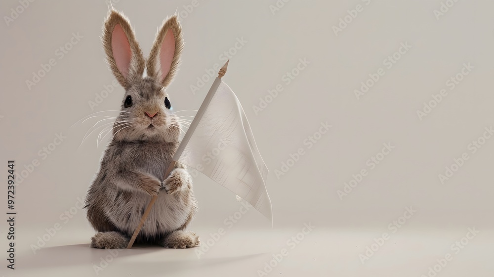Fototapeta premium Rabbit with White Flag: A cute rabbit sitting upright, holding a white flag between its paws. 