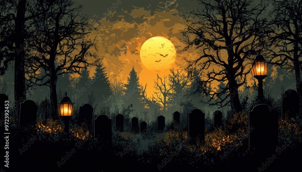 A Graveyard Underneath a Full Moon with Silhouettes of Trees and Bats A Graveyard Underneath a Full Moon with Silhouettes of Trees and Bats