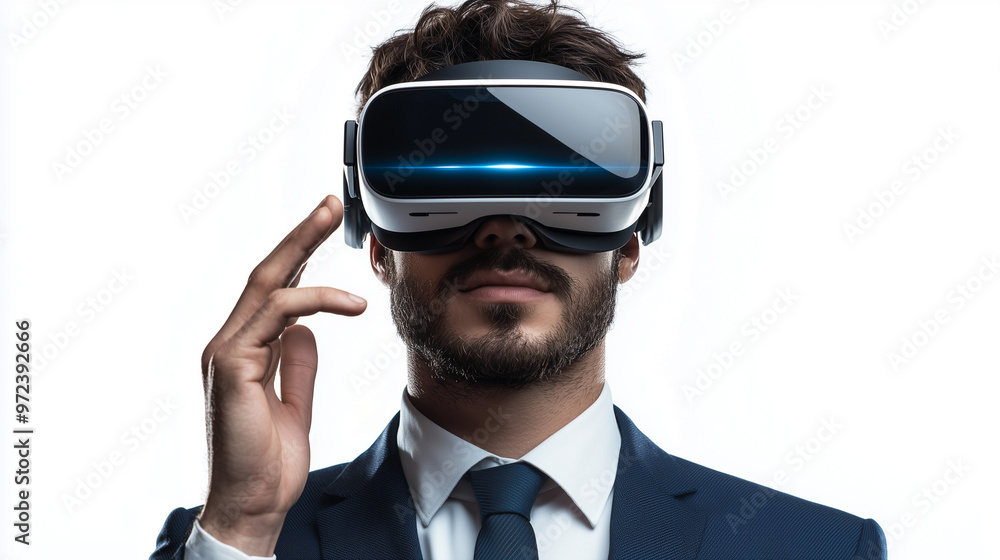 A professional holding a virtual reality headset, representing the future of business technology, isolated on a white background A professional holding a virtual reality headset, representing the future of business technology, isolated on a white background
