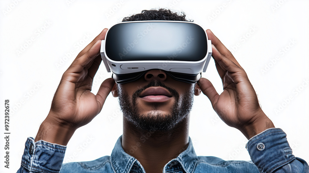 A professional holding a virtual reality headset, representing the future of business technology, isolated on a white background A professional holding a virtual reality headset, representing the future of business technology, isolated on a white background