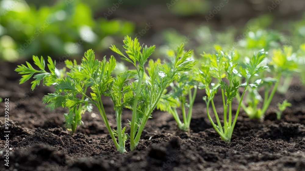 Close-up of young carrot tops emerging from rich soil, conveying tranquility and growth in an organic garden, no logos Close-up of young carrot tops emerging from rich soil, conveying tranquility and growth in an organic garden, no logos