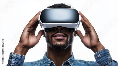 A professional holding a virtual reality headset, representing the future of business technology, isolated on a white background photo