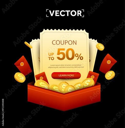 3d yellow coupons with golden coins in a red gift box, with flying red envelope, isolated on dark background. Gift voucher with coupon code, percentage off banner template. Vector illustration