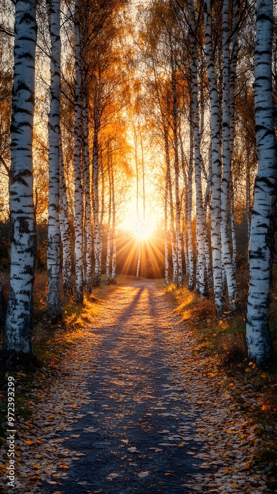 Fototapeta premium The road is lined with birch trees, the sunset's glow illuminates the autumn leaves on the ground