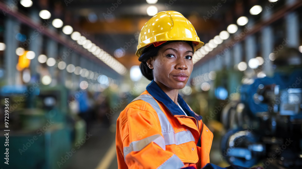 Portrait Of A Black Female Factory Worker Wearing A Safety Helmet And Industrial Uniform In A Factory, Woman Worker