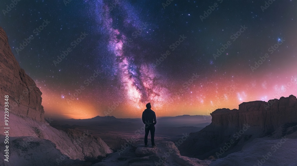 astronomy time long exposure landscape photography. A man standing in a high place looking up in wonder to the Milky Way galaxy astronomy time long exposure landscape photography. A man standing in a high place looking up in wonder to the Milky Way galaxy