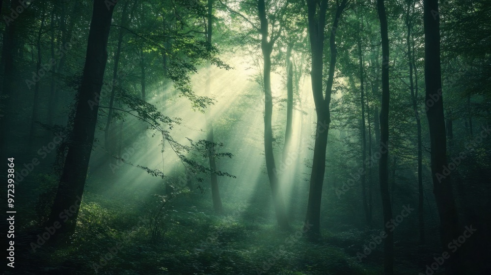 Fototapeta premium A misty forest with sunlight streaming through the trees, creating a mystical and hopeful atmosphere