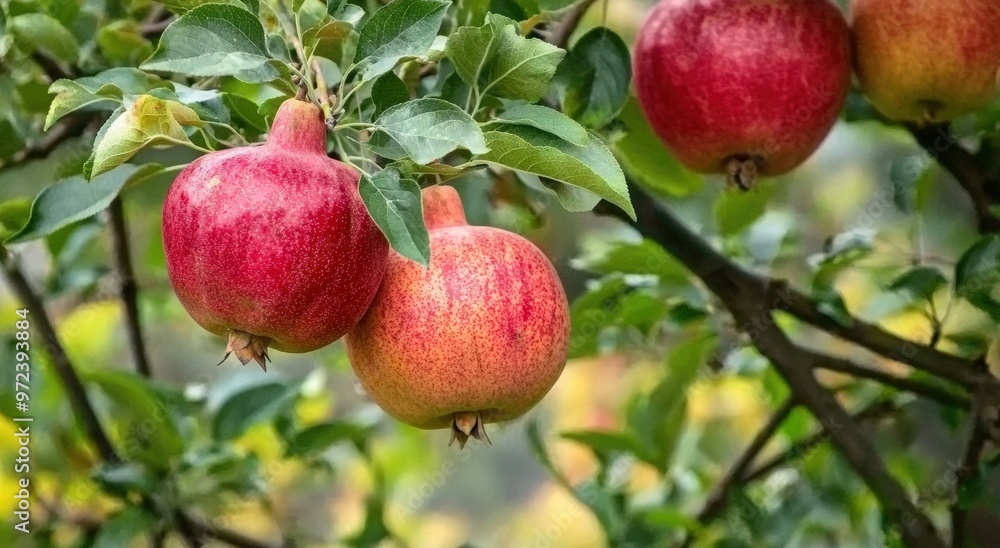 Close-up of ripe red apples hanging from a leafy branch in an orchard. Close-up of ripe red apples hanging from a leafy branch in an orchard.