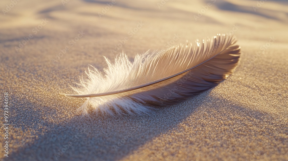 Minimalist close-up of a single feather lying on smooth sand, with soft shadows and delicate textures creating a peaceful, simple scene, 4K hyperrealistic photo.