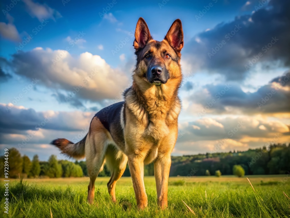 A majestic German Shepherd dog mix with a muscular build and erect ears stands alertly on a sunny A majestic German Shepherd dog mix with a muscular build and erect ears stands alertly on a sunny