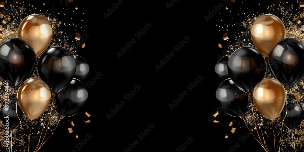 Festive gold and black balloon confetti background, perfect for graduation, birthday, New Year's, and promotional events. Usable for banners, posters, and flyers.