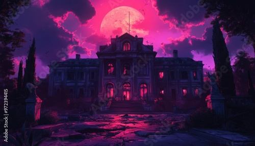 Abandoned Mansion Under a Pink Moon at Night photo