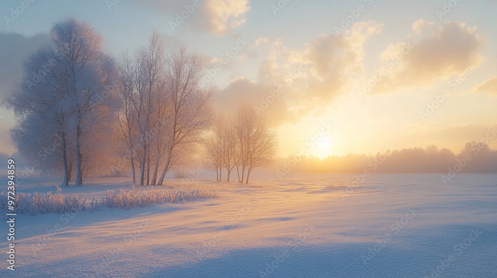 Winter sunrise illuminating a snowy landscape, with the first light of day reflecting off the frost-covered trees and fields. 4K hyperrealistic photo. Winter sunrise illuminating a snowy landscape, with the first light of day reflecting off the frost-covered trees and fields. 4K hyperrealistic photo.