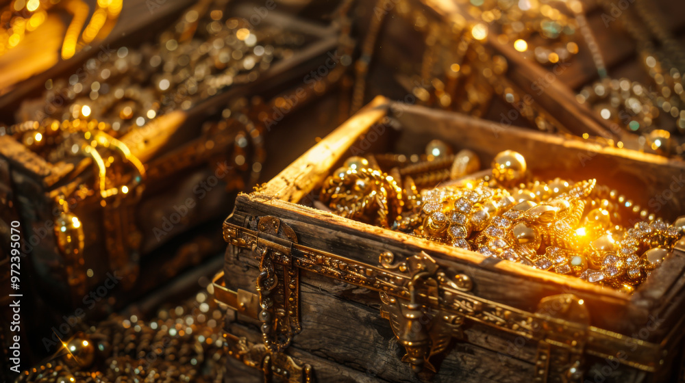Close-up of wooden boxes full of gold. Expensive jewelry in a box at sunset. Concept of wealth, jewelry. Close-up of wooden boxes full of gold. Expensive jewelry in a box at sunset. Concept of wealth, jewelry.