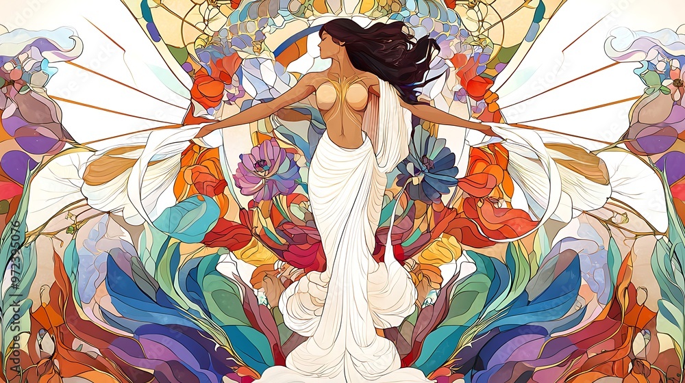 Fototapeta premium 15. An intricate Art Nouveau poster featuring flowing lines, floral patterns, and a central female figure, emphasizing elegance and natural forms