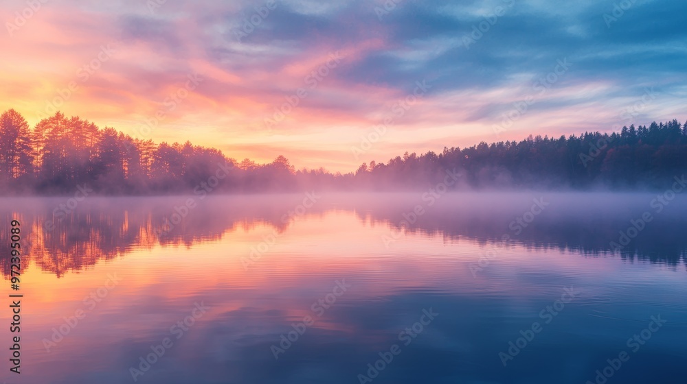 Serene Dawn over Fog Covered Lake Generative AI Serene Dawn over Fog Covered Lake Generative AI