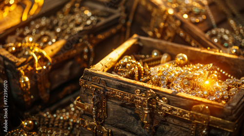 Close-up of wooden boxes full of gold. Expensive jewelry in a box at sunset. Concept of wealth, jewelry.