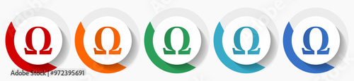 Omega letter vector icon set, flat icons for logo design, webdesign and mobile applications, colorful round buttons