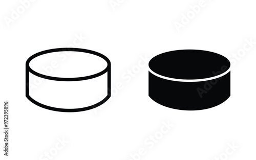 Hockey puck icon. set in black and white filled and outlined style. Sports equipment. Ice hockey game attribute. Hockey puck vector symbol . Ice hockey symbol.