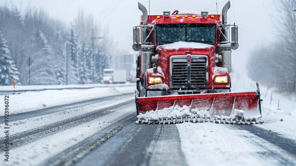 Naklejka premium Snowplow clearing roads during winter blizzard traffic management and snow removal efforts