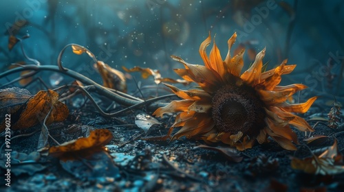Beautiful Dead Sunflower Lying on Ground in Enchanted Garden