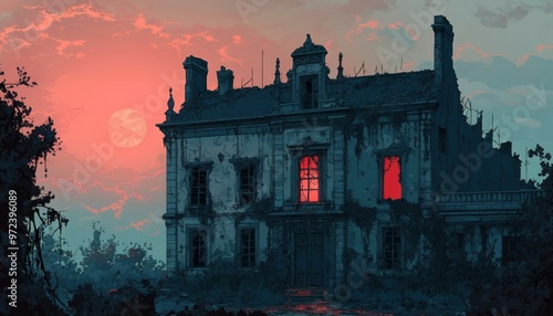 An Abandoned Manor with a Glowing Window at Dusk