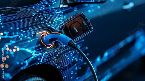 Close-up of electric vehicle charging in futuristic urban environment solar-powered infrastructure efficient transportation smart city planning