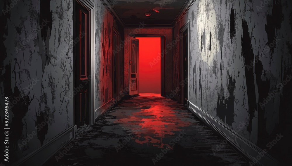 A Dark and Cracked Hallway Leading to a Red Room A Dark and Cracked Hallway Leading to a Red Room