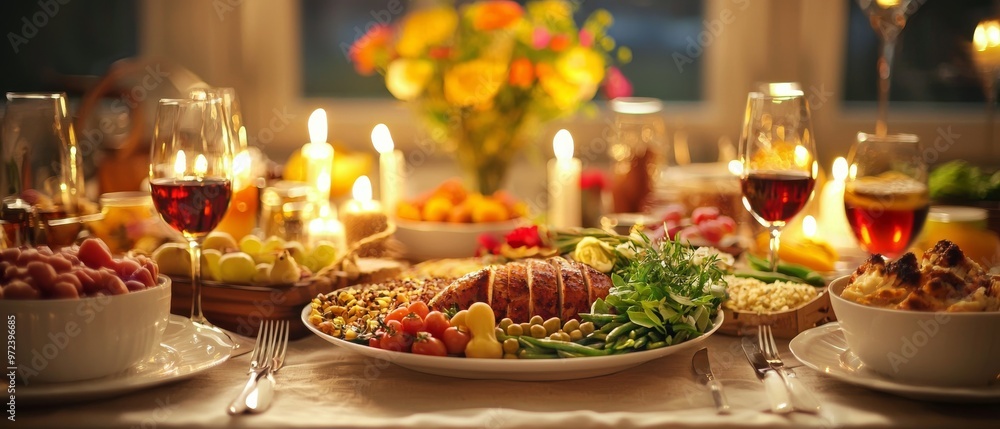 Tranquil Passover Seder Table Set with Flowers and Traditional Dishes Tranquil Passover Seder Table Set with Flowers and Traditional Dishes